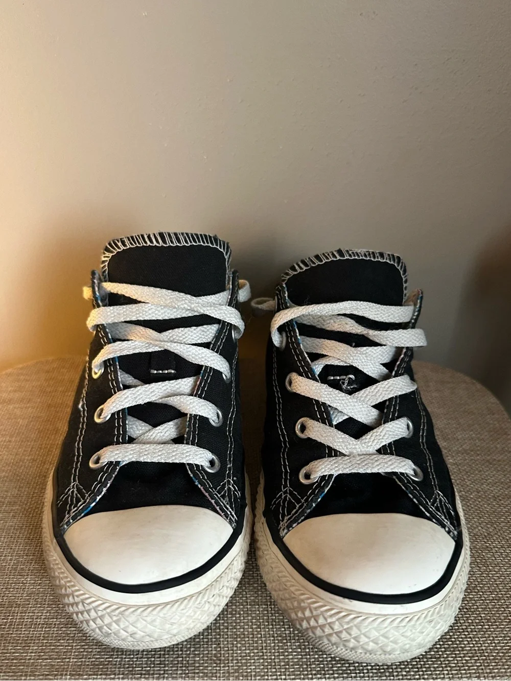 AllStar Converse Black Canvas Kids Lace-Up Sneakers with White Laces - 3 Juniors